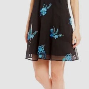 Calvin Klein Black Floral Embroidered Swing Dress Sleeveless Boho Blue Sz 4